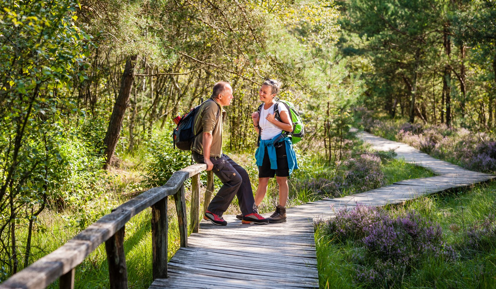 Vandrepar går på Bohlenweg i Pietzmoor nær Schneverdingen, © Erlebniswelt LÜneburger Heide GmbH / Markus Tiemann